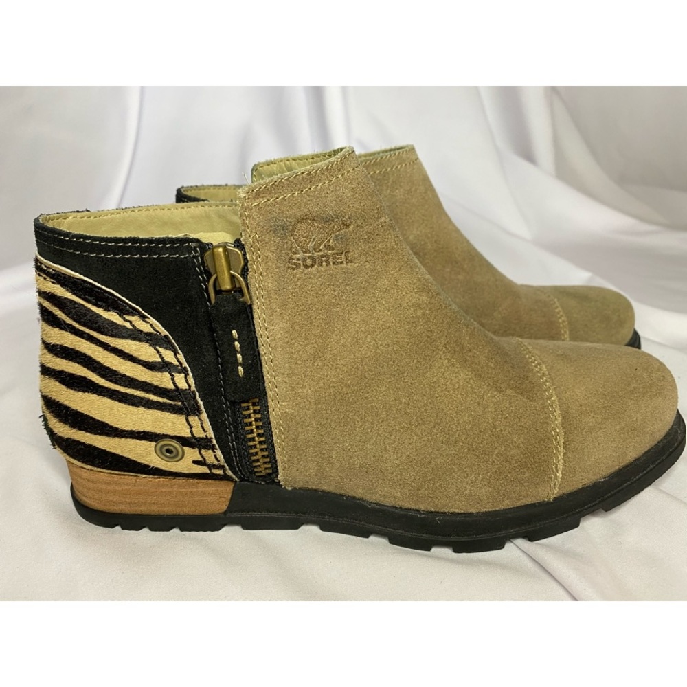 Sorel Tan and Black Ankle Boots with Zebra Print